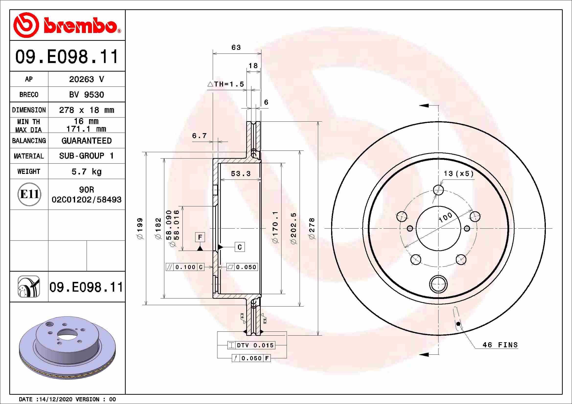 BREMBO Brake disc 09.E098.11 Subaru FORESTER 2014