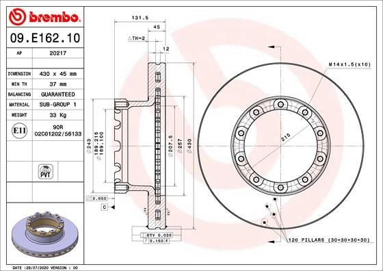 BREMBO 430x45mm, 10, internally vented Ø: 430mm, Num. of holes: 10, Brake Disc Thickness: 45mm Brake rotor 09.E162.10 buy