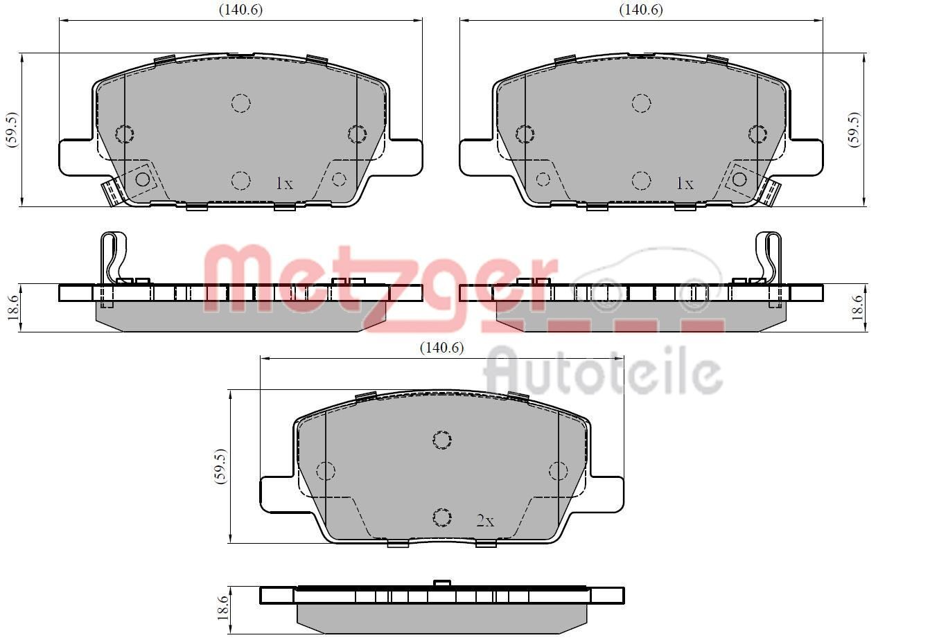 22311 METZGER Front Axle, with acoustic wear warning, with anti-squeak plate Height: 59,7mm, Width: 140,7mm, Thickness: 19mm Brake pads 1170924 buy