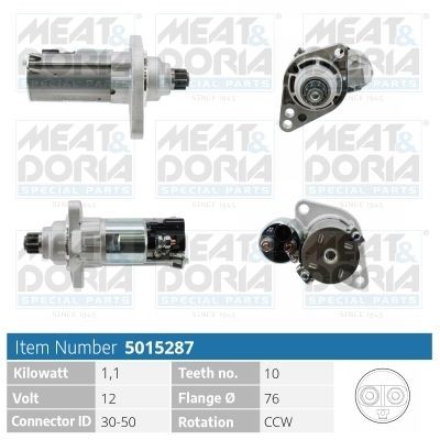 MEAT & DORIA 5015287 Starter motor 12V, 1,1kW, Number of Teeth: 10, 30-50, Ø 76 mm