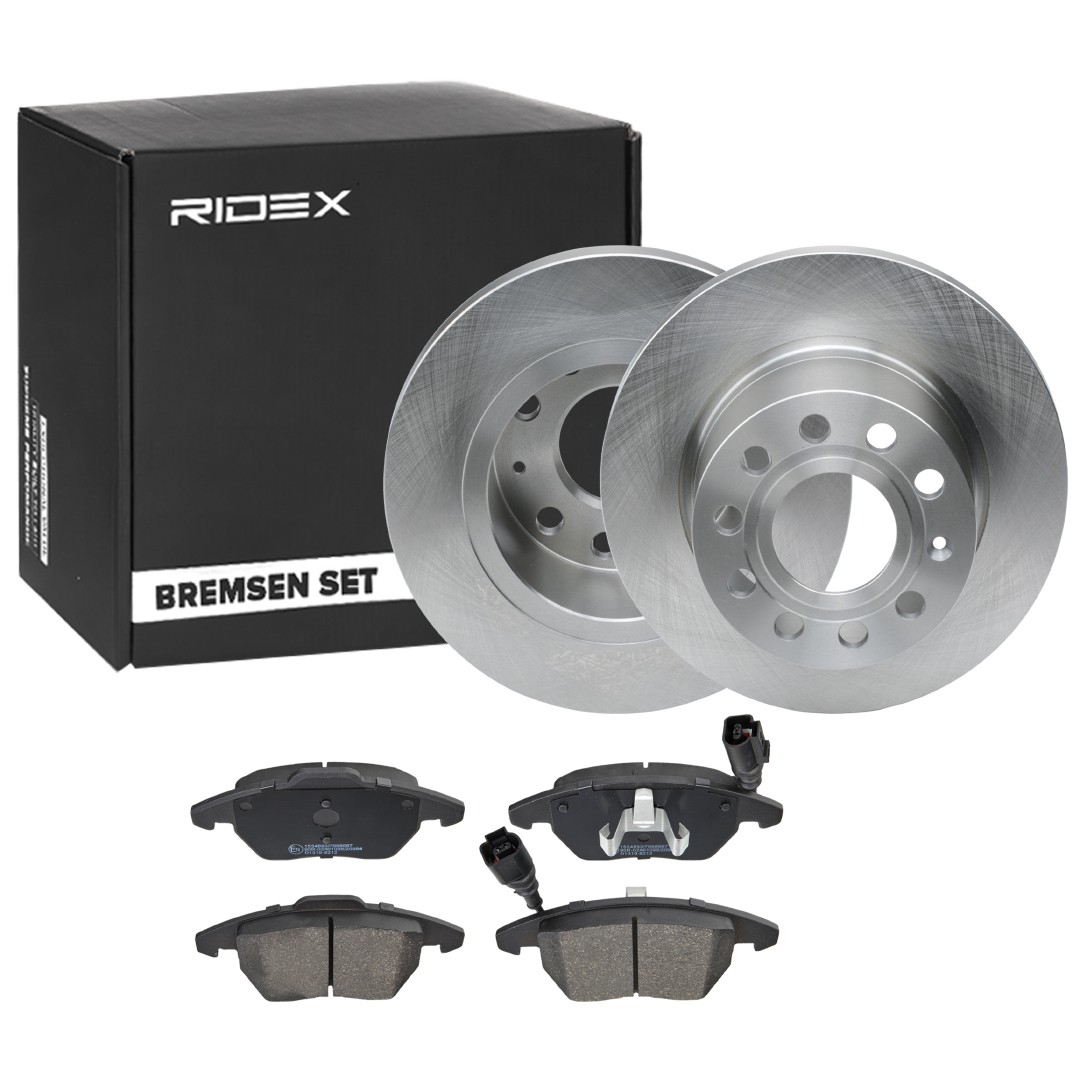 RIDEX 3405B0830 Brake pads and rotors AUDI A3 Convertible (8P7) 1.6 102 hp Petrol 2008
