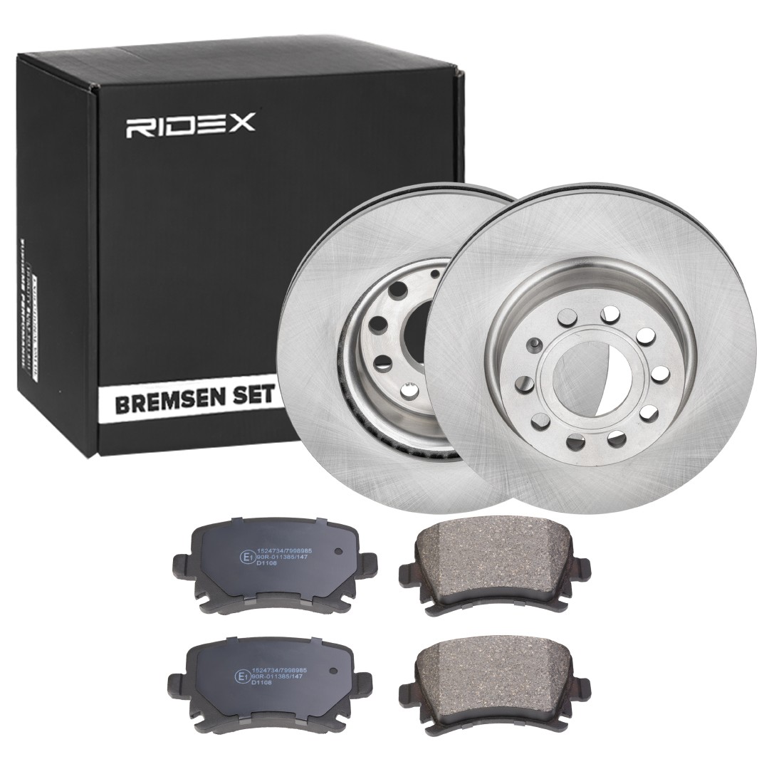 RIDEX 3405B0875 Brake discs and pads set AUDI A3 Convertible (8P7) 1.6 102 hp Petrol 2010