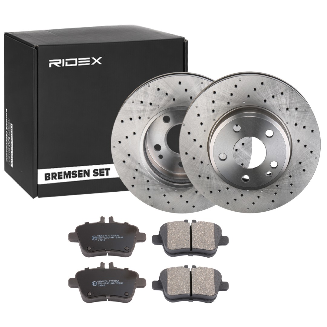 RIDEX 3405B1498 Brake discs and pads set MERCEDES-BENZ A-Class (W176) A 200 (176.043) 156 hp Petrol 2017