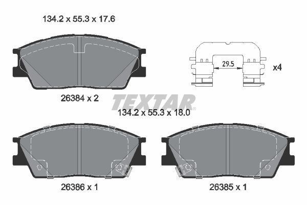 26384 TEXTAR with acoustic wear warning, with accessories Height: 55,3mm, Width: 134,2mm, Thickness 1: 17,6mm, Thickness 2: 18mm Brake pads 2638401 buy
