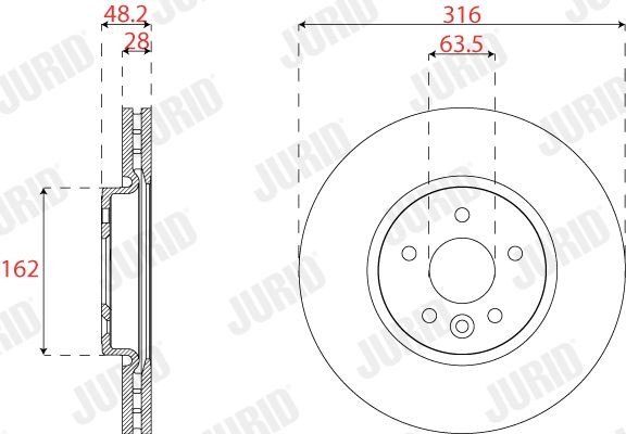 JURID 563304JC Brake disc 316x28mm, 5, Vented, Coated
