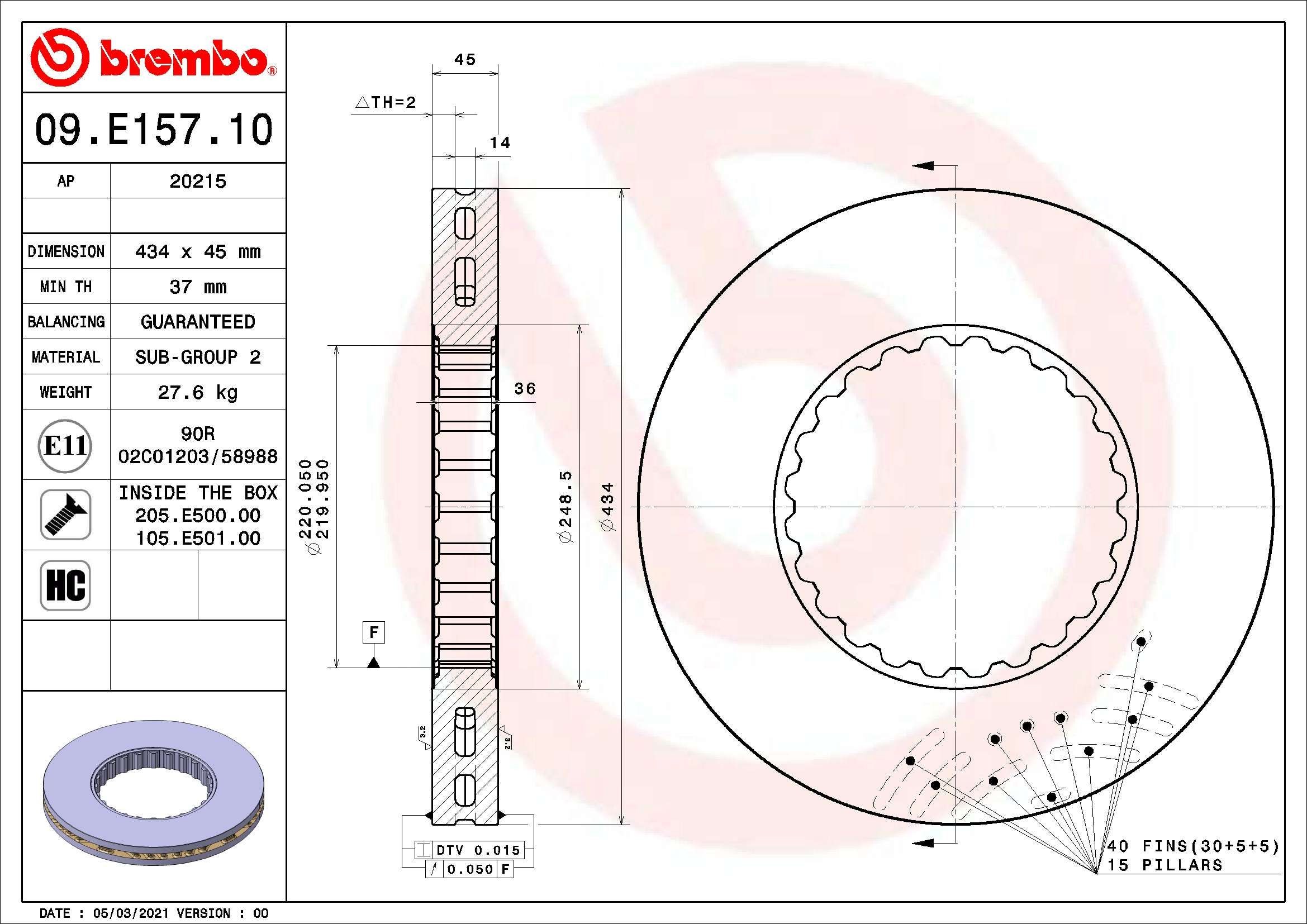 BREMBO 434x45mm, internally vented, Coated, High-carbon Ø: 434mm, Brake Disc Thickness: 45mm Brake rotor 09.E157.10 buy