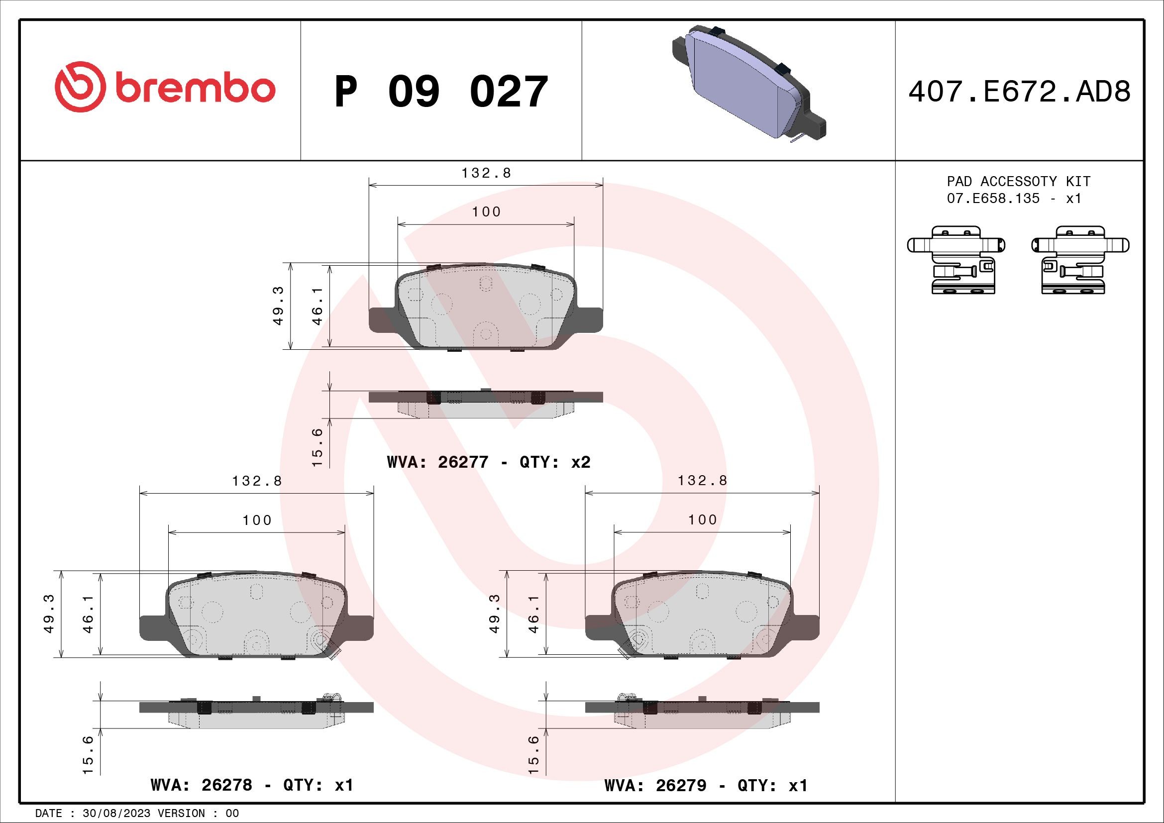 Brake pad set BREMBO P 09 027 TESLA Model 3 (5YJ3) EV AWD 2019 476 hp Electric