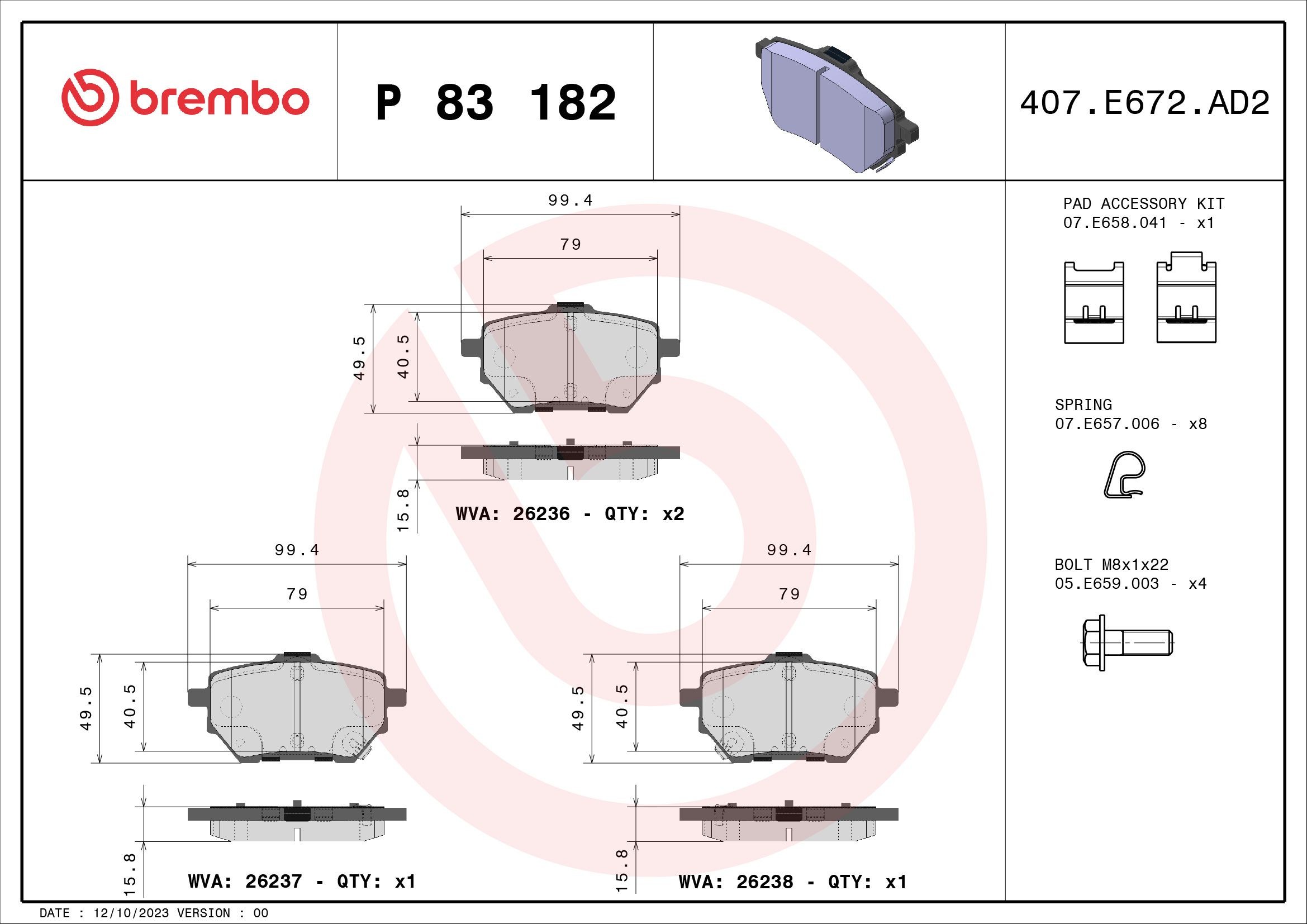 BREMBO with acoustic wear warning, with brake caliper screws, with anti-squeak plate, with accessories Height: 50mm, Width: 100mm, Thickness: 16mm Brake pads P 83 182 buy