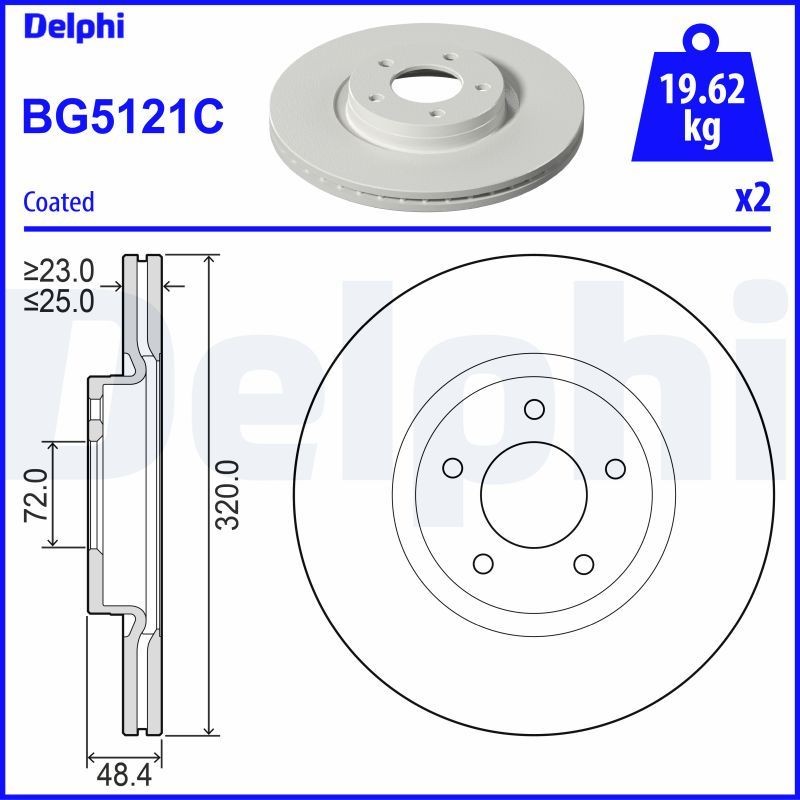 DELPHI 320x25mm, 5, Vented, Coated, Untreated Ø: 320mm, Num. of holes: 5, Brake Disc Thickness: 25mm Brake rotor BG5121C buy