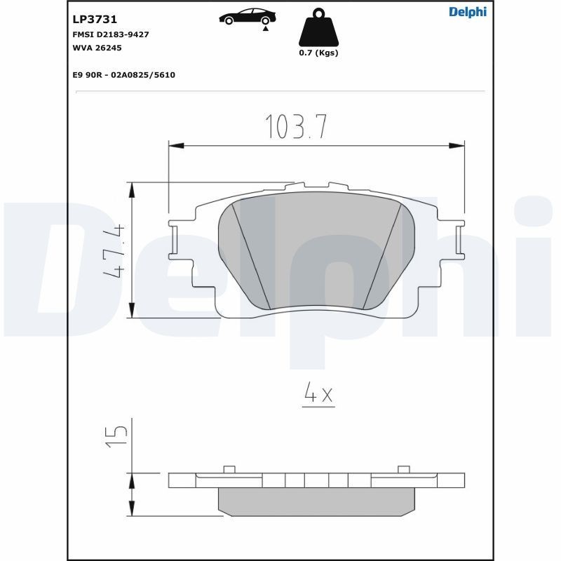 DELPHI not prepared for wear indicator, without accessories Height 1: 47,4mm, Height 2: 47,4mm, Width 1: 103,7mm, Width 2 [mm]: 103,7mm, Thickness 1: 15mm, Thickness 2: 15mm Brake pads LP3731 buy
