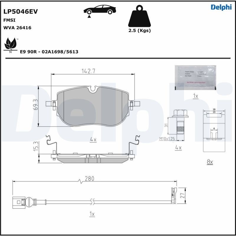 DELPHI with anti-squeak plate, with accessories Height 1: 69,3mm, Height 2: 69,3mm, Width 1: 142,7mm, Width 2 [mm]: 142,7mm, Thickness 1: 15,3mm, Thickness 2: 15,3mm Brake pads LP5046EV buy