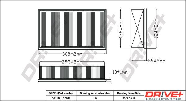 Dr!ve+ 69mm, 184mm, 308mm, Filter Insert Length: 308mm, Width: 184mm, Height: 69mm Engine air filter DP1110.10.0644 buy