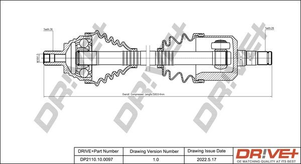 Dr!ve+ 580mm Length: 580mm, External Toothing wheel side: 36 Driveshaft DP2110.10.0097 buy