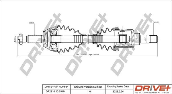 Dr!ve+ 633mm Length: 633mm, External Toothing wheel side: 25 Driveshaft DP2110.10.0349 buy