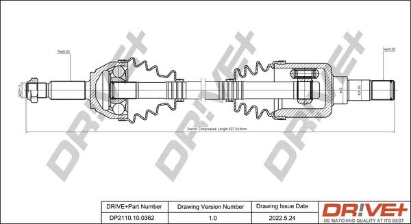 Dr!ve+ 630mm Length: 630mm, External Toothing wheel side: 25 Driveshaft DP2110.10.0362 buy