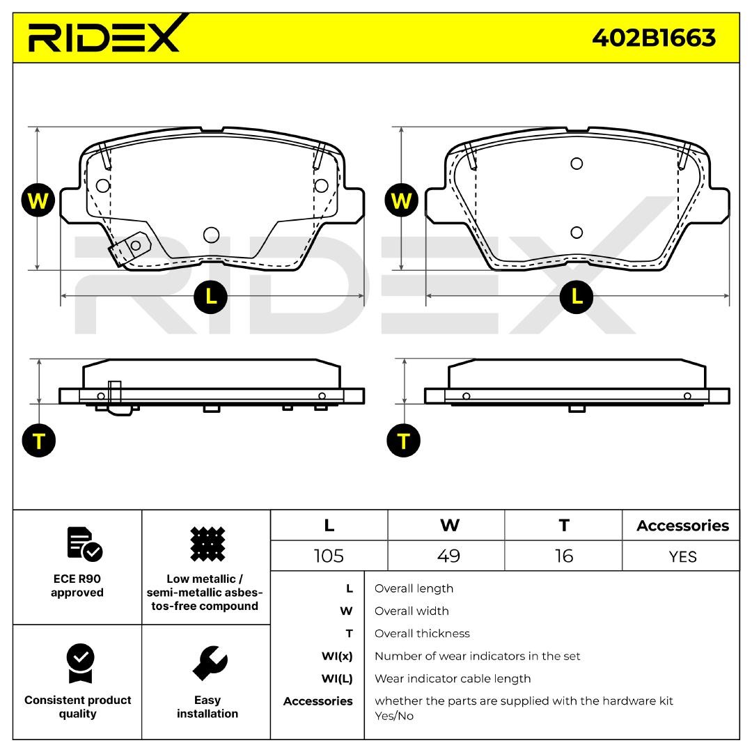 402B1663 Set of brake pads 402B1663 RIDEX with acoustic wear warning, with accessories, with attachment material