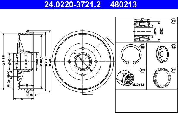 ATE 24.0220-3721.2 Brake Drum with wheel bearing, with ABS sensor ring, 234,0mm