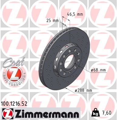 ZIMMERMANN 100.1216.52 Brake rotor 288x25mm, 10/5, 5x112, Externally Vented, Perforated, Coated, High-carbon