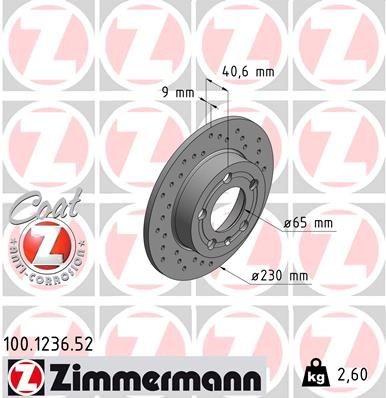ZIMMERMANN 100.1236.52 Brake rotor 230x9mm, 6/5, 5x100, solid, Perforated, Coated