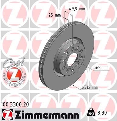 ZIMMERMANN 100.3300.20 Brake rotor 312x25mm, 10/5, 5x112, internally vented, Coated, High-carbon