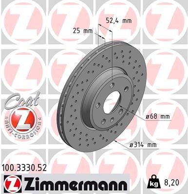 100.3330.52 Brake discs 100.3330.52 ZIMMERMANN 314x25mm, 6/5, 5x112, internally vented, Perforated, Coated, High-carbon