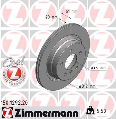 ZIMMERMANN COAT Z 150.1292.20 Brake disc 312x20mm, 6/5, 5x120, Externally Vented, Coated, High-carbon