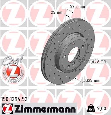 ZIMMERMANN 150.1294.52 Brake rotor 325x25mm, 6/5, 5x120, internally vented, Perforated, Coated, High-carbon