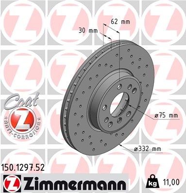 ZIMMERMANN SPORT COAT Z 150.1297.52 Brake disc 332x30mm, 8/5, 5x120, internally vented, Perforated, Coated, High-carbon