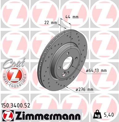 150.3400.52 ZIMMERMANN Brake rotors MINI 276x22mm, 5/4, 4x100, internally vented, Perforated, Coated, High-carbon