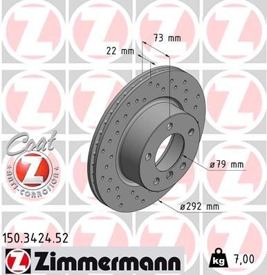 ZIMMERMANN SPORT COAT Z 150.3424.52 Brake disc 292x22mm, 6/5, 5x120, internally vented, Perforated, Coated, High-carbon