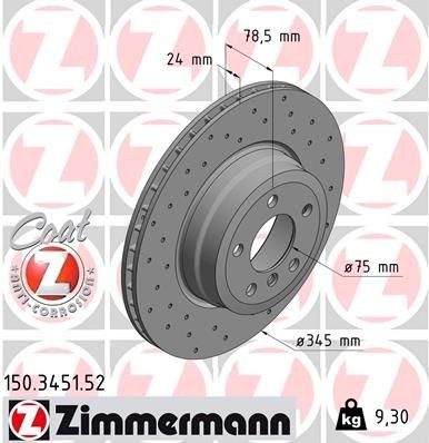 150.3451.52 Brake discs 150.3451.52 ZIMMERMANN 345x24mm, 6/5, 5x120, internally vented, Perforated, Coated, High-carbon