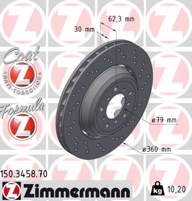 ZIMMERMANN FORMULA Z COAT Z 360x30mm, 10/5, 5x120, Vented, Perforated, two-part brake disc, Coated, Alloyed/High-carbon Ø: 360mm, Rim: 5-Hole, Brake Disc Thickness: 30mm Brake rotor 150.3458.70 buy