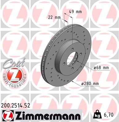 ZIMMERMANN SPORT COAT Z 200.2514.52 Brake disc 280x22mm, 4/4, 4x114, internally vented, Perforated, Coated