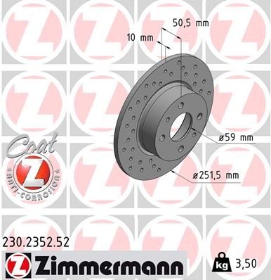 230.2352.52 ZIMMERMANN Brake rotors ALFA ROMEO 251x10mm, 6/4, 4x98, solid, Perforated, Coated