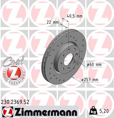 ZIMMERMANN SPORT COAT Z 230.2369.52 Brake disc 257x22mm, 8/4, 4x100, internally vented, Perforated, Coated