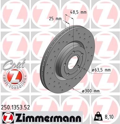 ZIMMERMANN SPORT COAT Z 250.1353.52 Brake disc 300x25mm, 5/5, 5x108, internally vented, Perforated, Coated