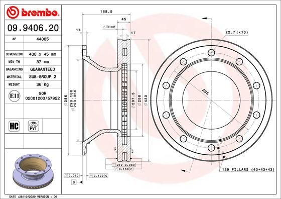 BREMBO 430x45mm, 10, internally vented, High-carbon Ø: 430mm, Num. of holes: 10, Brake Disc Thickness: 45mm Brake rotor 09.9406.20 buy