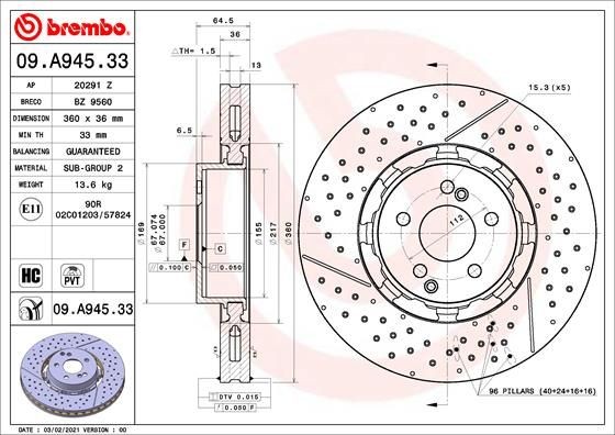 09.A945.33 Brake discs 09.A945.33 BREMBO 360x36mm, 5, internally vented, slotted/perforated, two-part brake disc, Coated, High-carbon