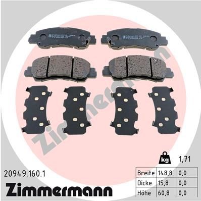 20949 ZIMMERMANN with acoustic wear warning, Photo corresponds to scope of supply Height: 61mm, Width: 149mm, Thickness: 16mm Brake pads 20949.160.1 buy