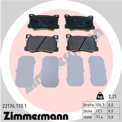 22176 ZIMMERMANN with acoustic wear warning, Photo corresponds to scope of supply Height: 77mm, Width: 127mm, Thickness: 17mm Brake pads 22176.170.1 buy
