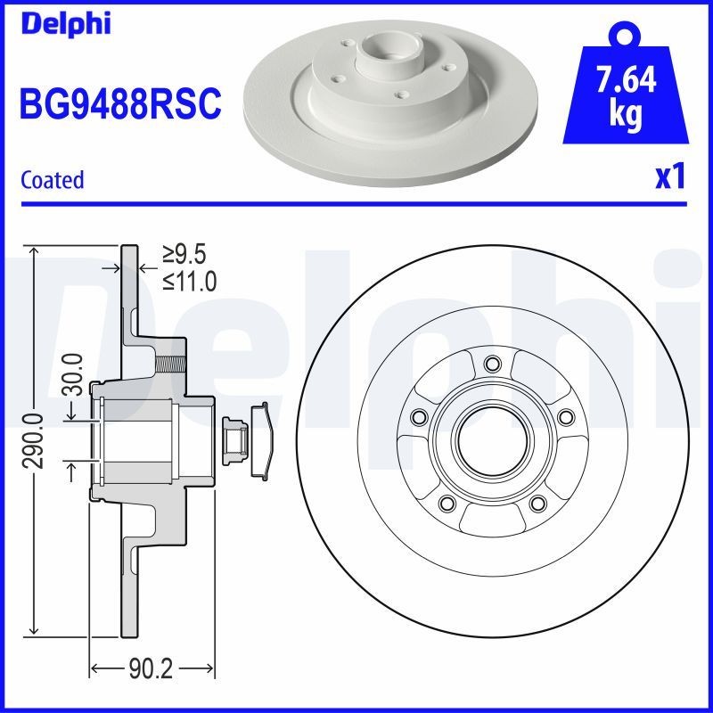 DELPHI 290x11mm, 5, solid, Coated, Untreated Ø: 290mm, Num. of holes: 5, Brake Disc Thickness: 11mm Brake rotor BG9488RSC buy