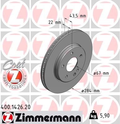 ZIMMERMANN COAT Z 400.1426.20 Brake disc 284x22mm, 6/5, 5x112, internally vented, Coated, High-carbon