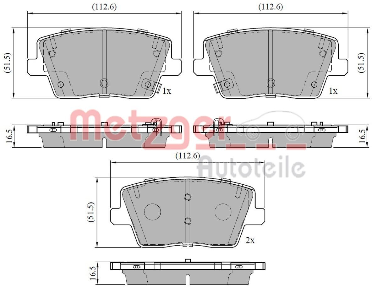 1170942 METZGER Brake pad set HYUNDAI Rear Axle, with acoustic wear warning, with anti-squeak plate