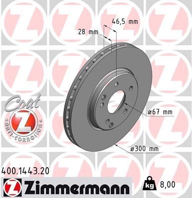 400.1443.20 ZIMMERMANN Brake rotors CHRYSLER 300x28mm, 7/5, 5x112, internally vented, Coated, High-carbon