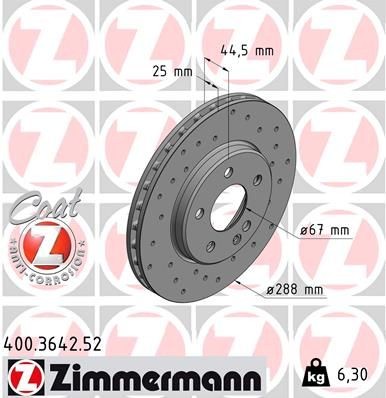 ZIMMERMANN SPORT COAT Z 400.3642.52 Brake disc 288x25mm, 6/5, 5x112, internally vented, Perforated, Coated, High-carbon