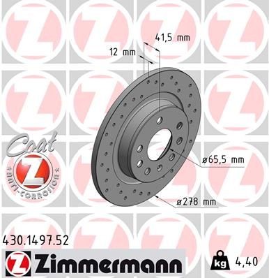 430.1497.52 ZIMMERMANN Brake rotors SAAB 278x12mm, 8/5, 5x110, solid, Perforated, Coated