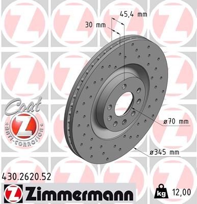 430.2620.52 ZIMMERMANN Brake rotors OPEL 345x30mm, 8/5, 5x110, internally vented, Perforated, Coated, High-carbon