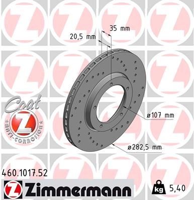 460.1017.52 ZIMMERMANN Brake rotors PORSCHE 282x20mm, 5/5, 5x126, internally vented, Perforated, Coated