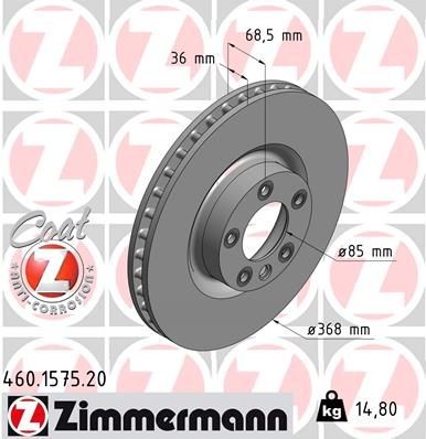 ZIMMERMANN COAT Z 460.1575.20 Brake disc 368x36mm, 6/5, 5x130, internally vented, Coated, High-carbon