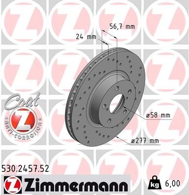 530.2457.52 ZIMMERMANN Brake rotors TOYOTA 277x24mm, 7/5, 5x100, internally vented, Perforated, Coated
